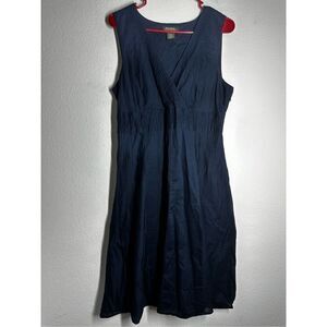 Eddie Bauer Navy Low V Neck Fit & Flare Midi 100% Cotton Dress Sz 12 Lined